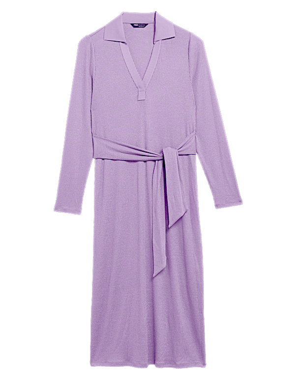 Ribbed V-Neck Tie Front Midi Column Dress