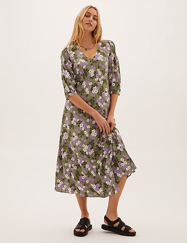 Floral V-Neck Puff Sleeve Midi Tea Dress