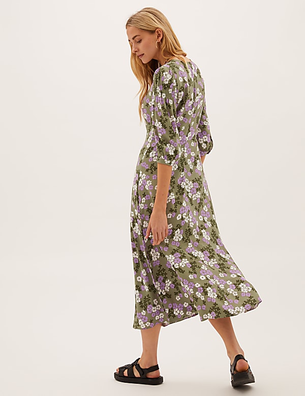Floral V-Neck Puff Sleeve Midi Tea Dress