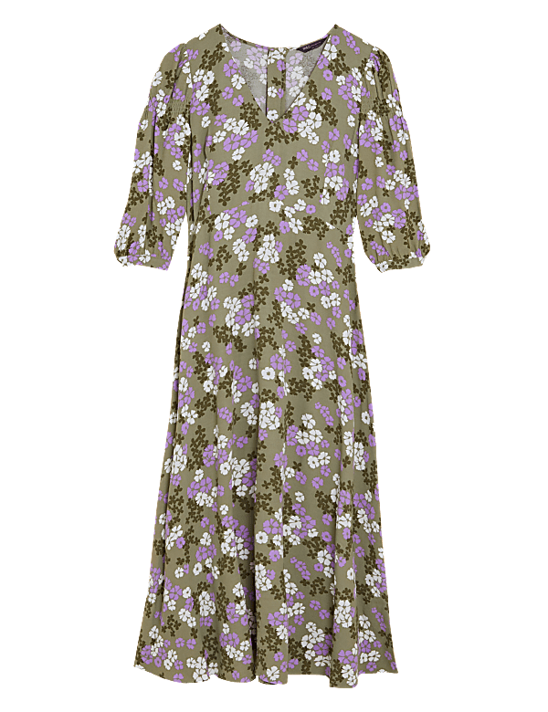 Floral V-Neck Puff Sleeve Midi Tea Dress