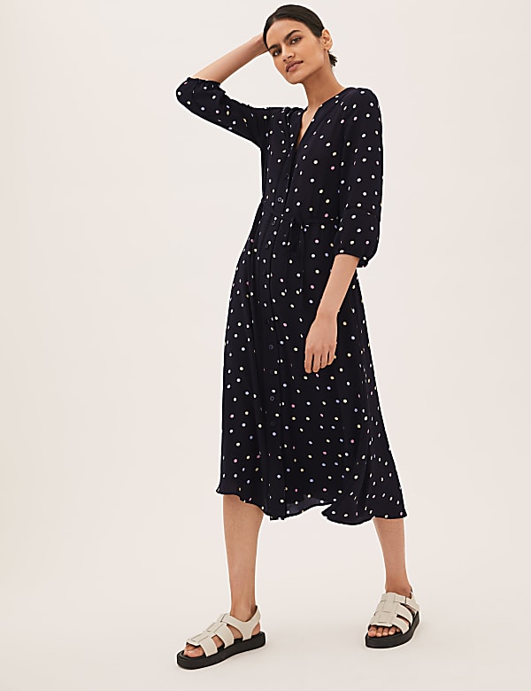 Polka Dot Lace Insert Belted Midi Dress