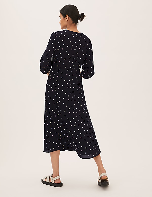 Polka Dot Lace Insert Belted Midi Dress