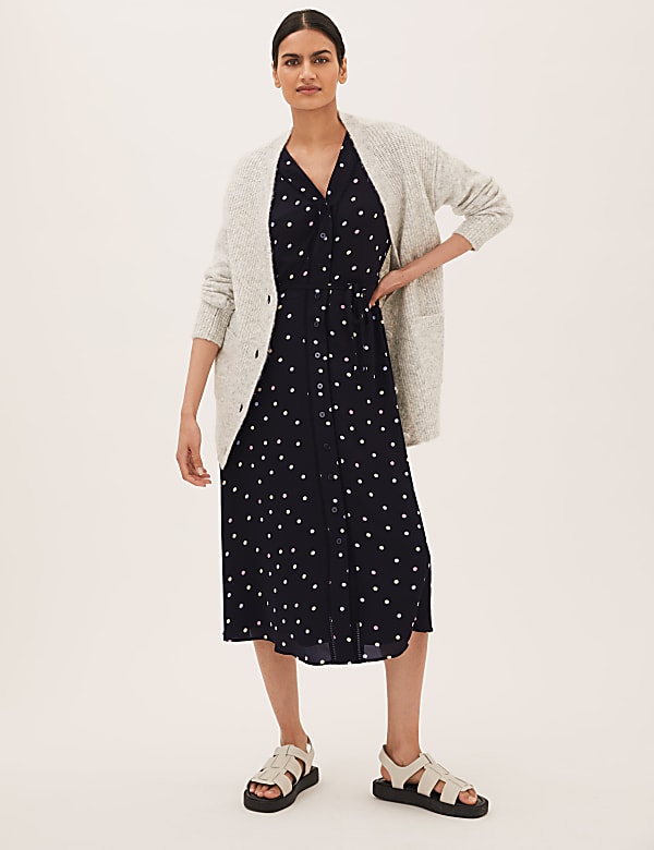 Polka Dot Lace Insert Belted Midi Dress