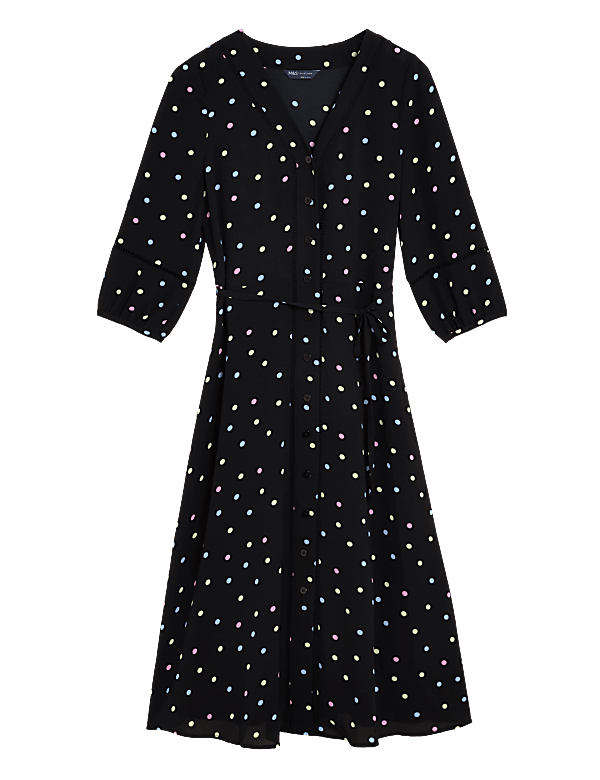 Polka Dot Lace Insert Belted Midi Dress