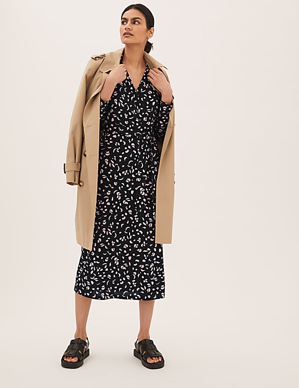 Printed Collared Midi Wrap Dress