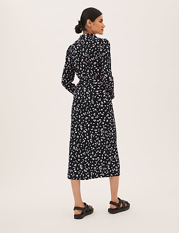 Printed Collared Midi Wrap Dress