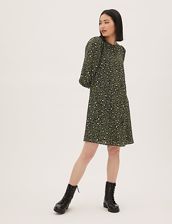 Animal Print Puff Sleeve Swing Dress