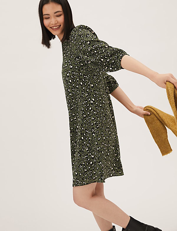 Animal Print Puff Sleeve Swing Dress