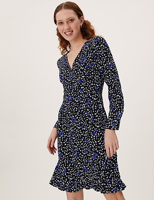 Floral V-Neck Knee Length Wrap Dress