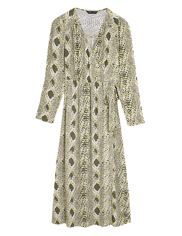 Snake Print V-Neck Midi Wrap Dress