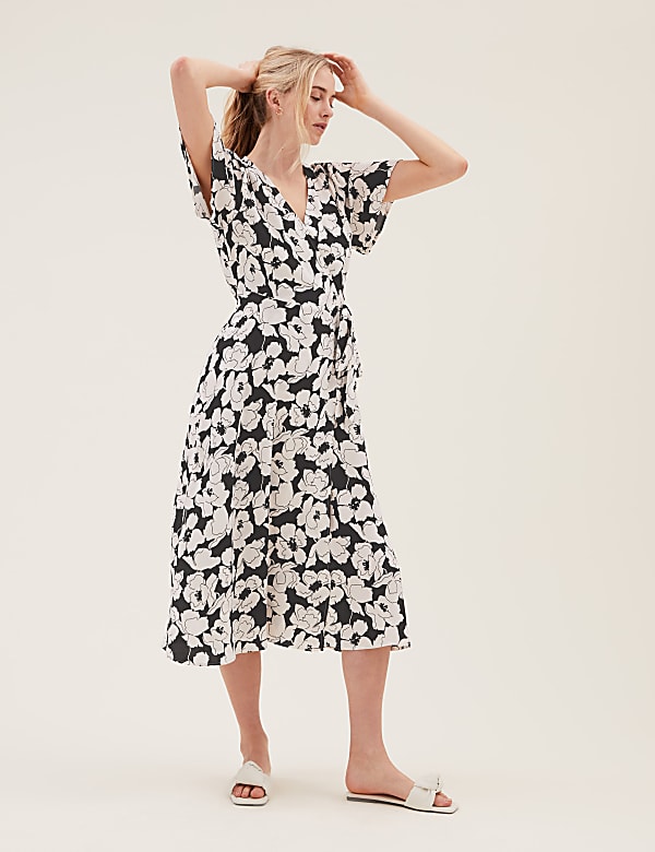 Floral Short Sleeve Midi Wrap Dress