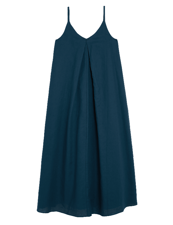 Linen Rich V-Neck Pleated Midi Slip Dress