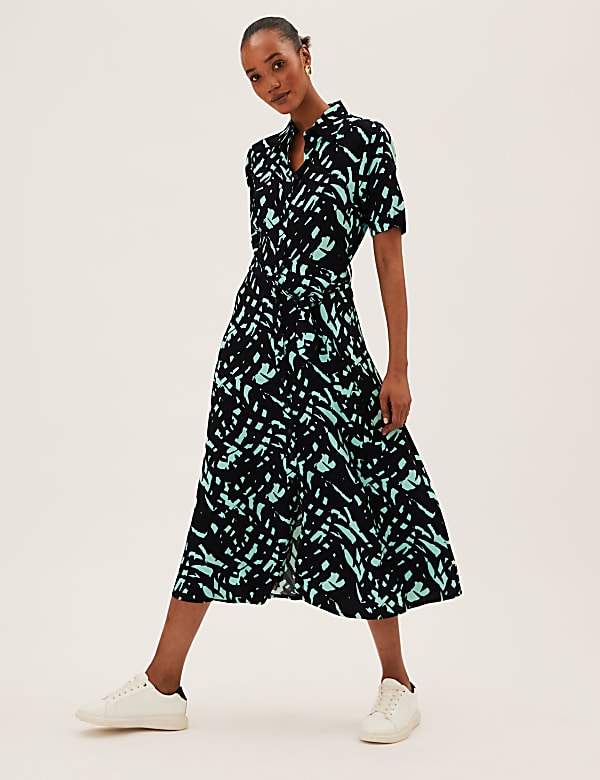 Printed Belted Midi Shirt Dress