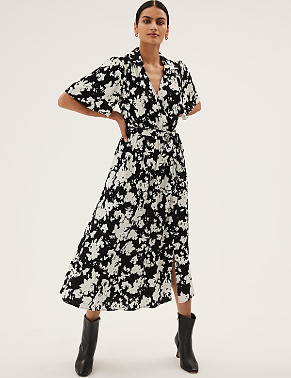 Floral V-Neck Angel Sleeve Midi Wrap Dress