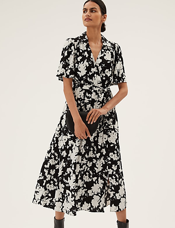 Floral V-Neck Angel Sleeve Midi Wrap Dress