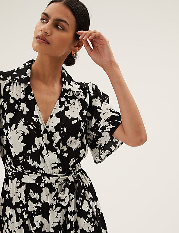 Floral V-Neck Angel Sleeve Midi Wrap Dress