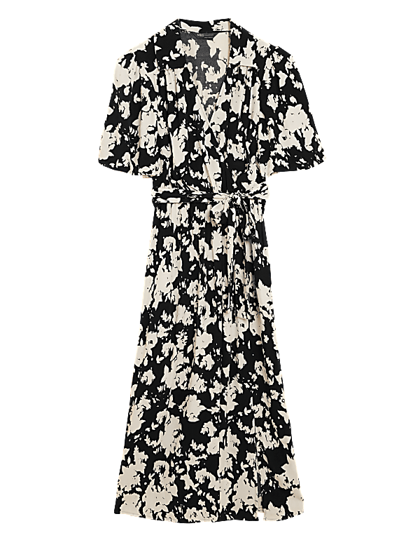 Floral V-Neck Angel Sleeve Midi Wrap Dress