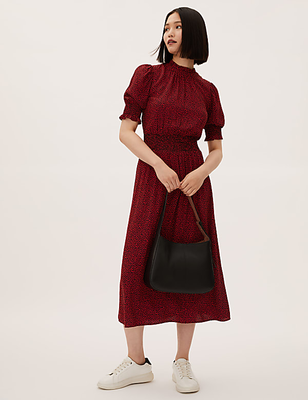 Animal Print Puff Sleeve Midi Waisted Dress