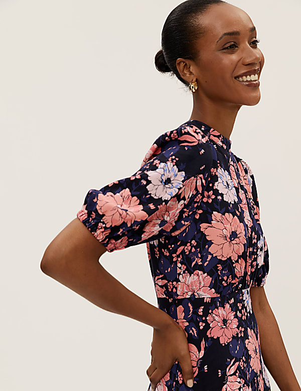 Floral Round Neck Midaxi Tea Dress BLACK MIX Dresses M S MY