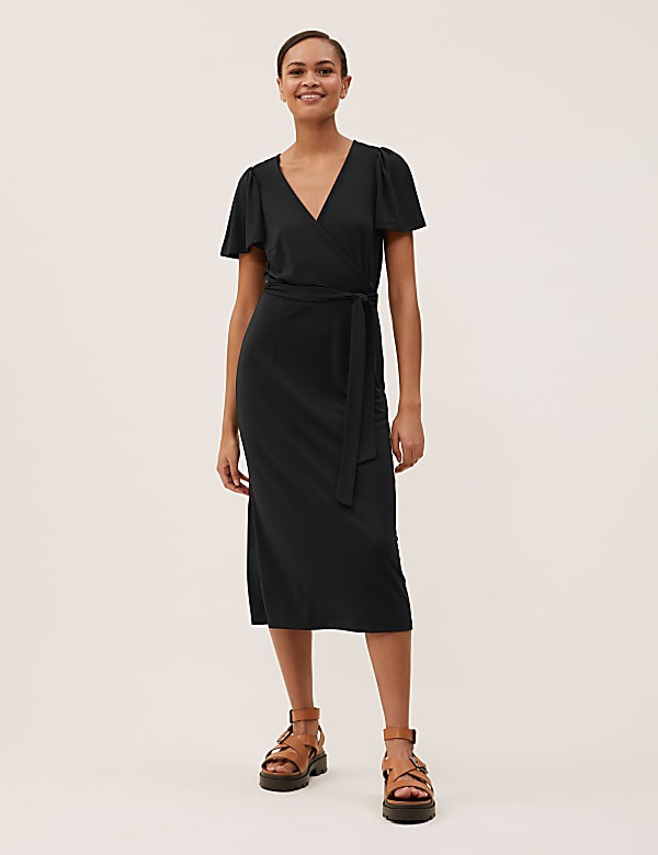 Jersey V-Neck Short Sleeve Midi Wrap Dress