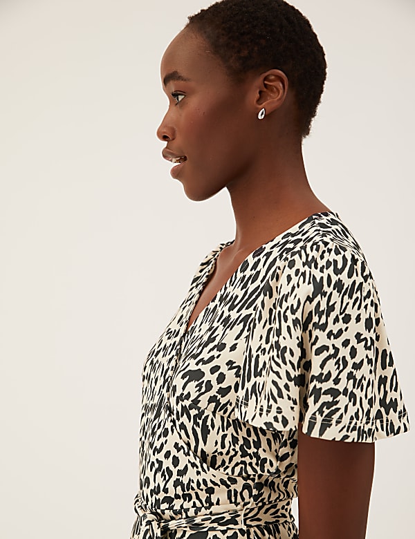 Jersey Animal Print V-Neck Midi Wrap Dress