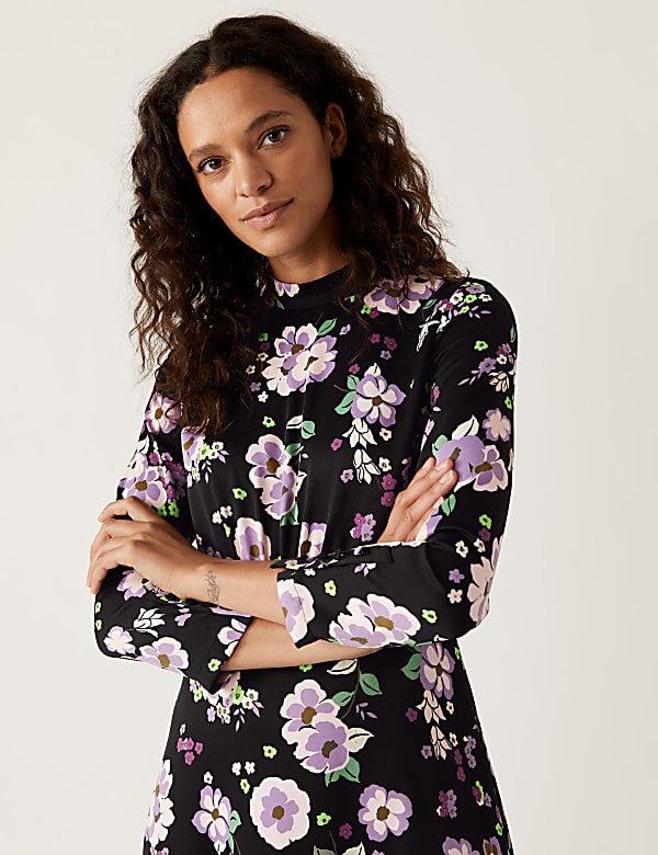 Satin Floral Button Detail Midi Dress