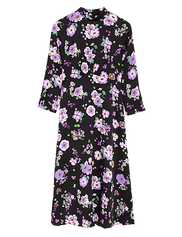 Satin Floral Button Detail Midi Dress