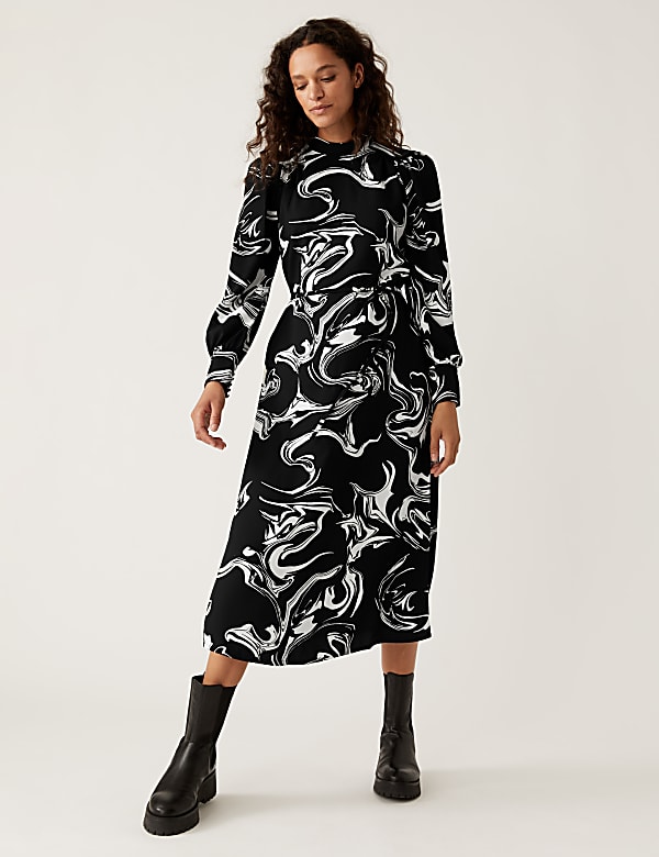 Marble Print Round Neck Midi Column Dress