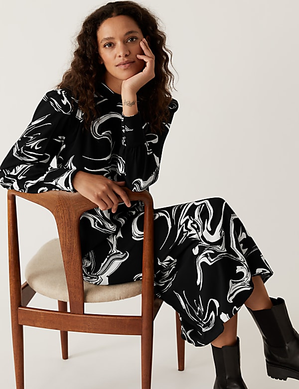 Marble Print Round Neck Midi Column Dress