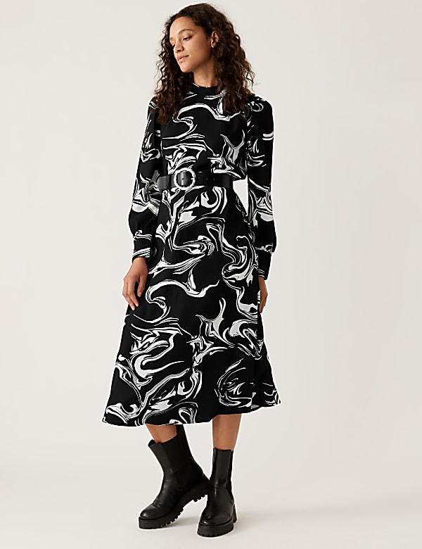 Marble Print Round Neck Midi Column Dress