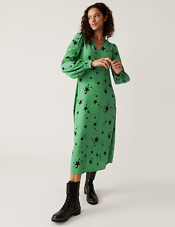 Star Print V-Neck Midi Tea Dress