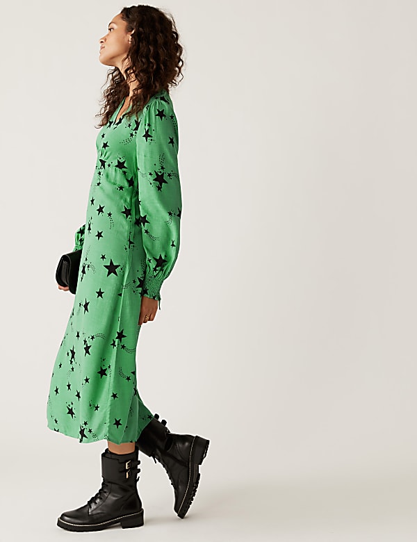 Star Print V-Neck Midi Tea Dress
