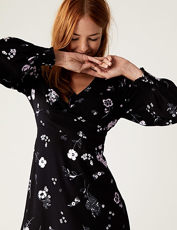 Floral V-Neck Midi Waisted Tea Dress