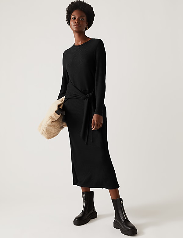 Jersey Ribbed Round Neck Midi Column Dress