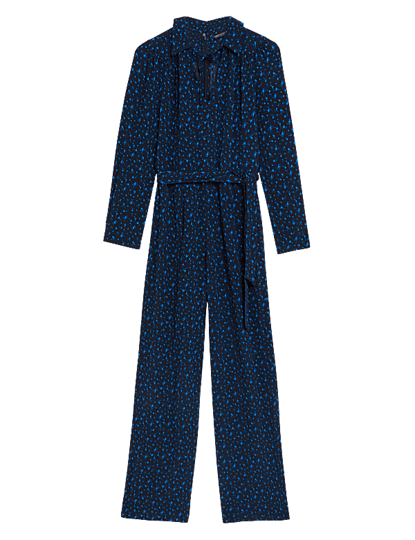 Star Print Tie Neck Belted Jumpsuit