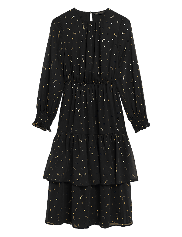 Star Print Round Neck Midi Tiered Dress