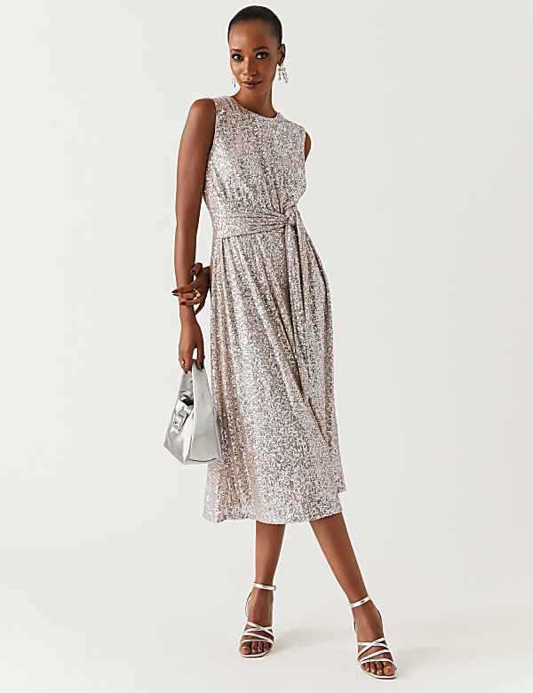Sequin Round Neck Tie Front Midi Tea Dress