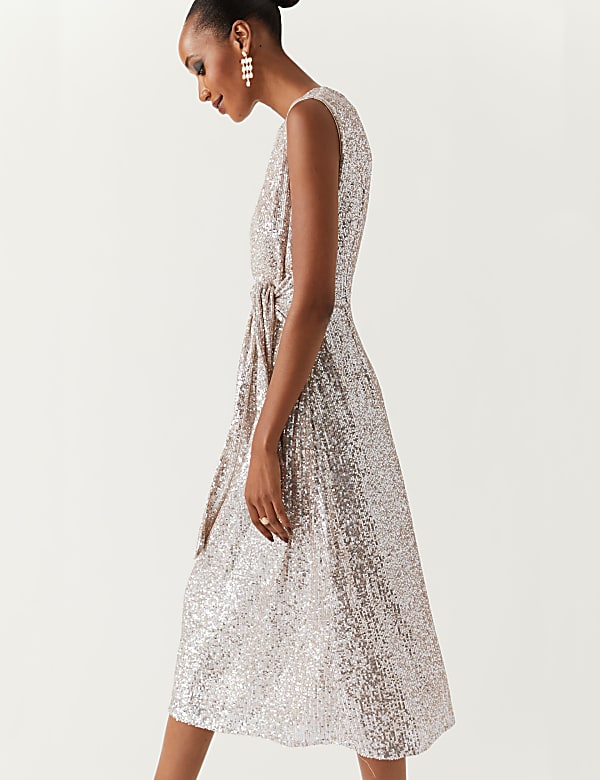 Sequin Round Neck Tie Front Midi Tea Dress