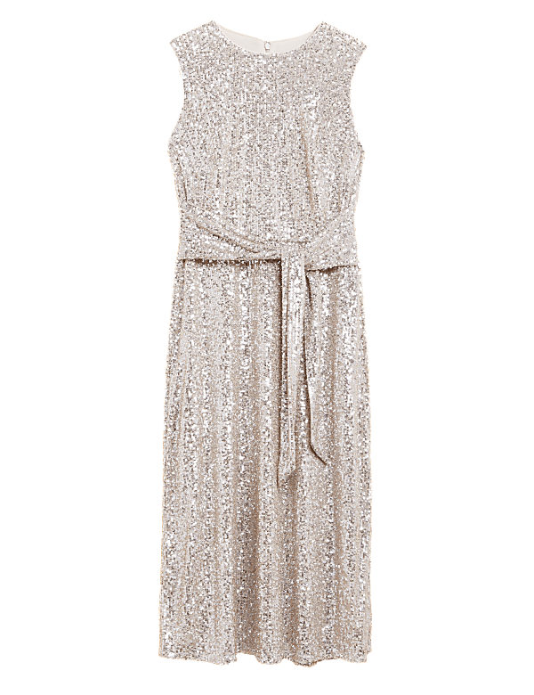 Sequin Round Neck Tie Front Midi Tea Dress