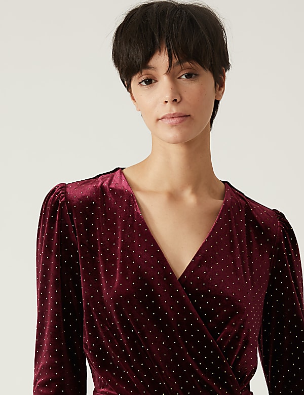 Velvet Studded Knee Length Wrap Dress