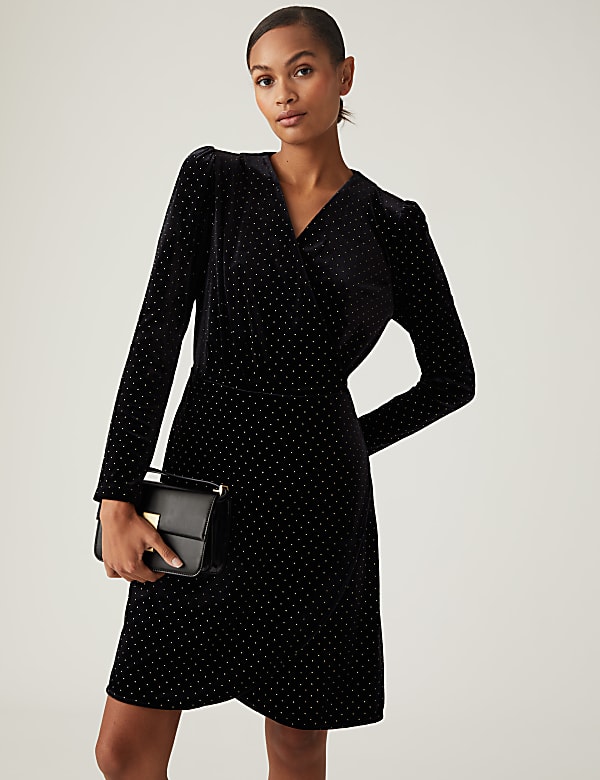 Velvet Studded Knee Length Wrap Dress