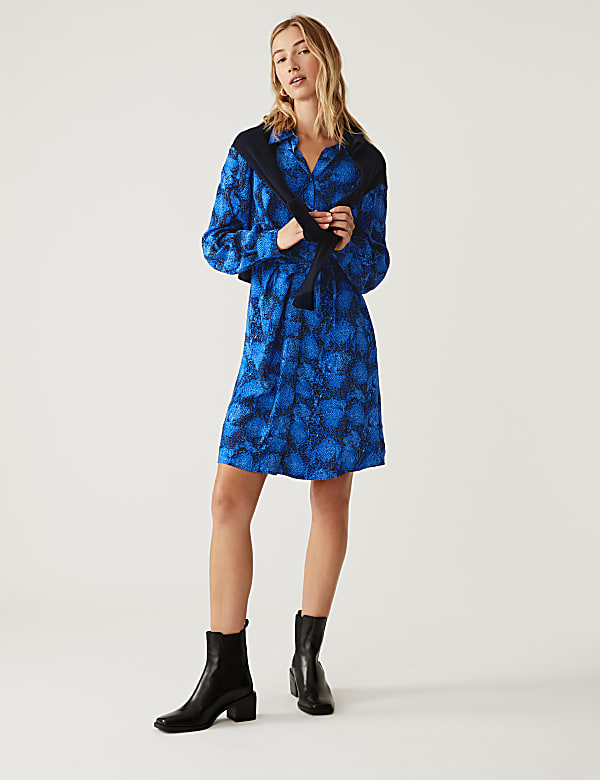 Snake Print Belted Knee Length Shirt Dress