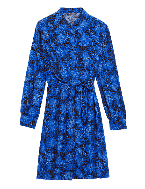 Snake Print Belted Knee Length Shirt Dress
