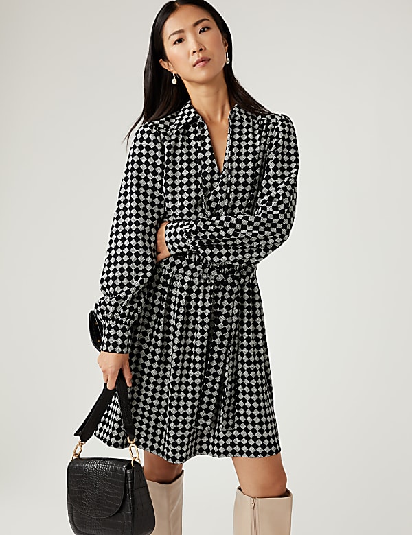 Checked Tie Neck Mini Waisted Dress