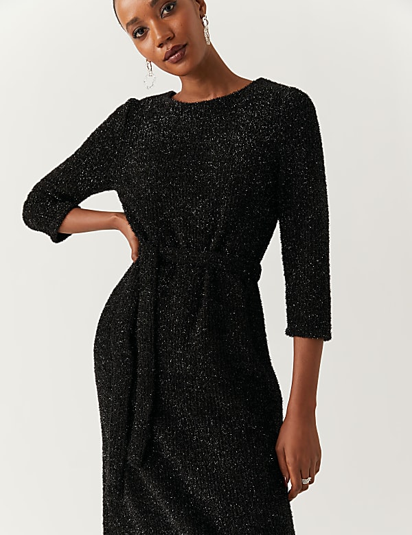 Jersey Tinsel Belted Midi Shift Dress