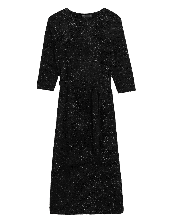 Jersey Tinsel Belted Midi Shift Dress