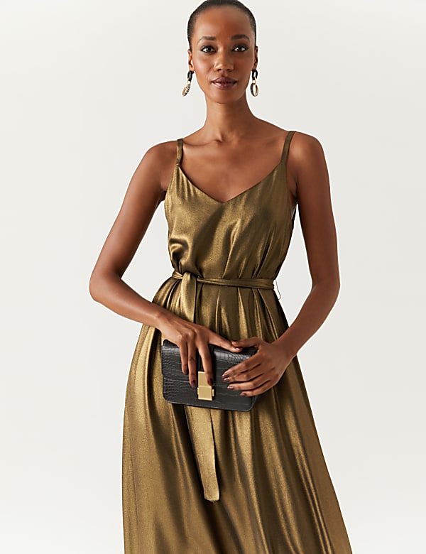 Lamé V-Neck Midi Slip Dress