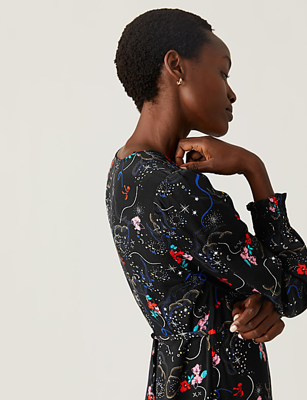 Floral V-Neck Blouson Sleeve Midi Tea Dress