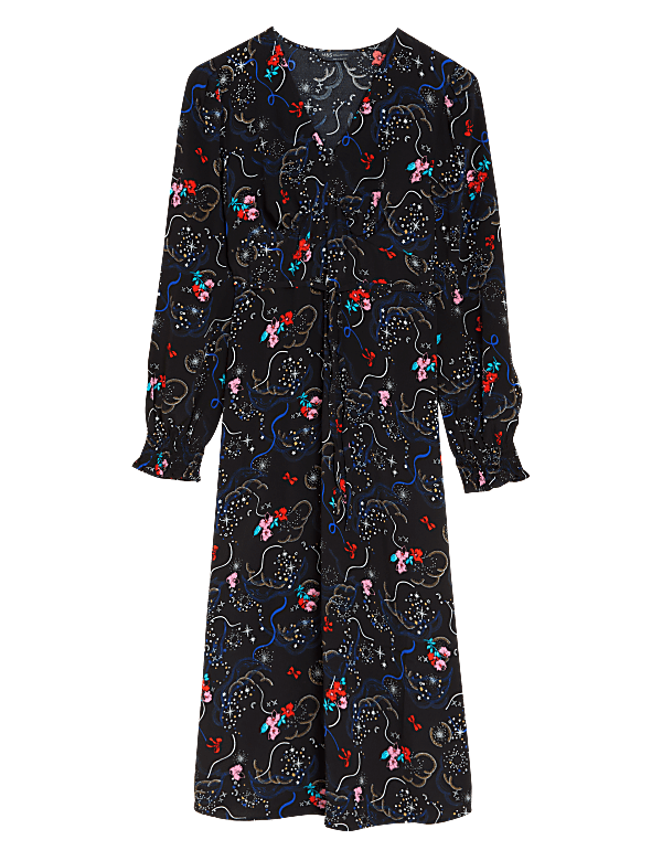 Floral V-Neck Blouson Sleeve Midi Tea Dress