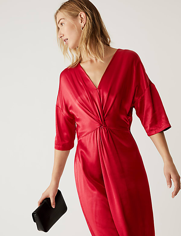 Satin V-Neck Midi Waisted Dress